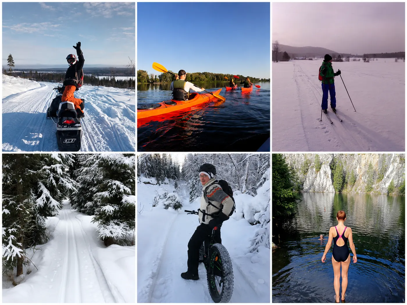 Six Finnish outdoor experiences: snowmobiling, kayaking, cross-country skiing, a snowy forest trail, fat biking and swimming in a lake