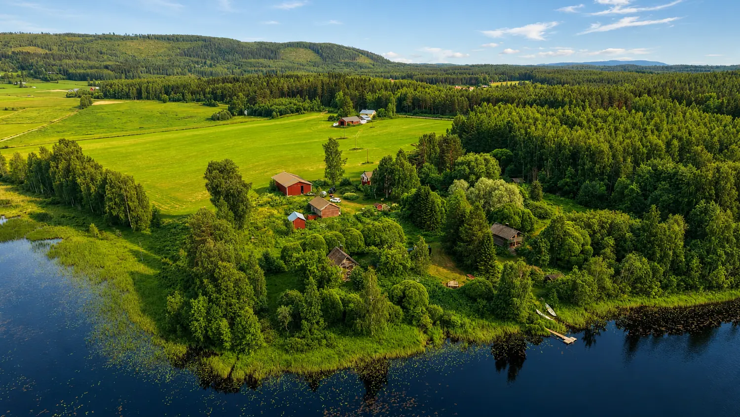 Aerial view of the Loop of Freedom farm by the lake in summer