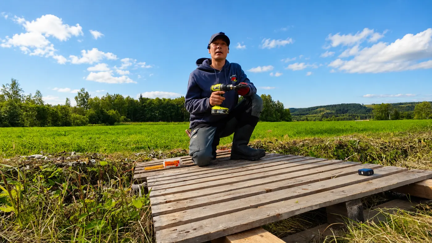 Jani building a wooden deck by hand on the farm on a clear summer day