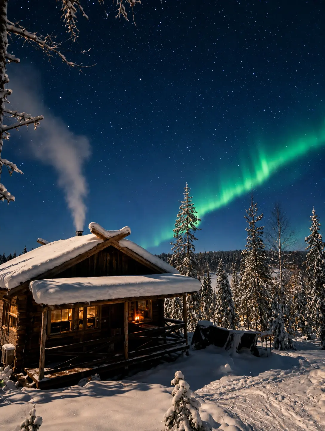 Log cabin in snowy Lapland under the northern lights