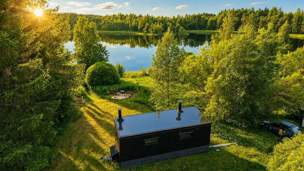 Small black cabin beside a calm lake at golden hour near Tahko
