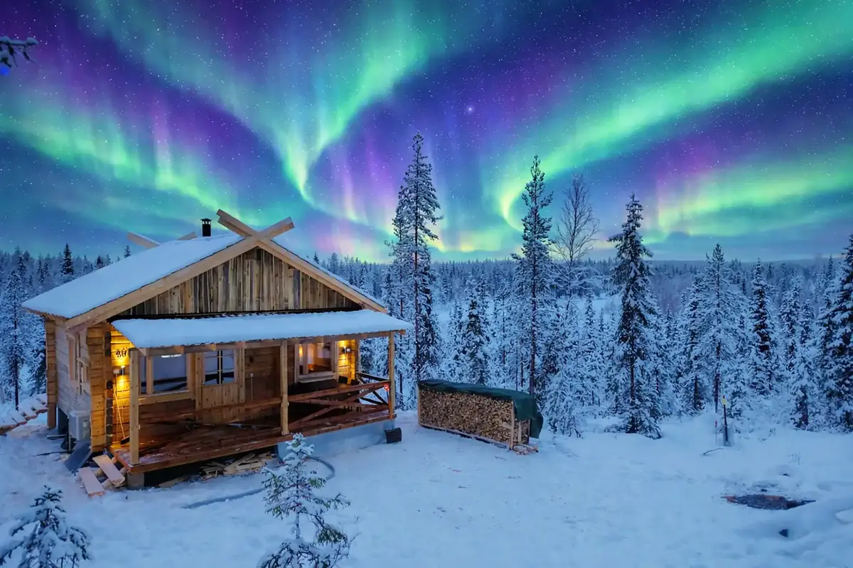 Log cabin beneath green northern lights in snowy Lapland